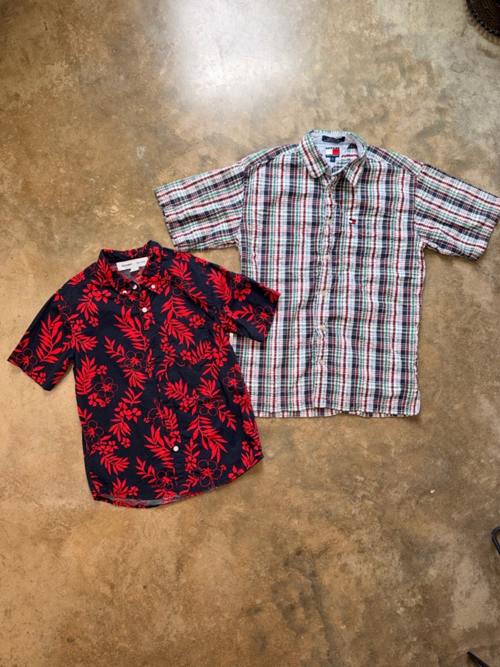 Old Navy Boys Button Down Shirt L (10-12) Hawaiian Floral + Plaid Short Sleeve